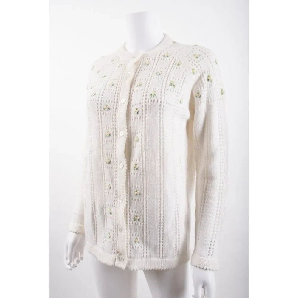 Vintage Banff Sweater Bee Womans Cardigan Sweater Sz S White Flowers embroidery